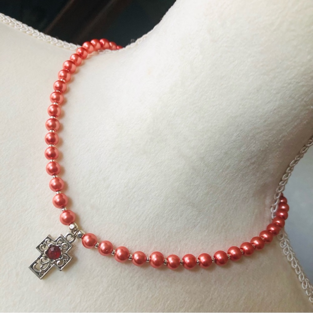 Handcrafted repurpose antique rose cross pendant Czech glass Pearl necklace